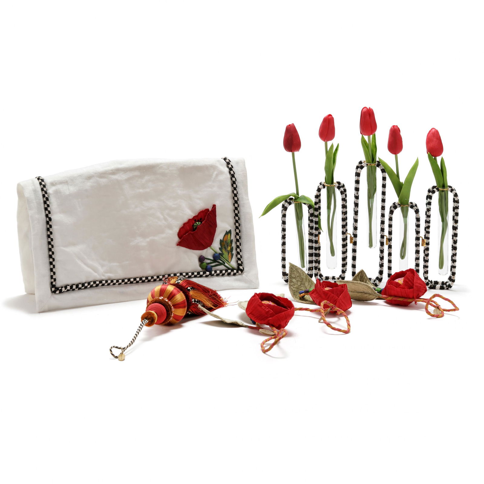 MacKenzie-Childs, Dining Table Accessories: MacKenzie-Childs, Dining Table Accessoriescontemporary, including a five part hook mount vase with black and white glass beaded design, each with a glass vial and faux red tulip (12 x 12 x 3 in.), lar