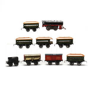 The Joy Line Train Set, Girard Model Works: The Joy Line Train Set, Girard Model WorksPA, 1927-1934, in original box, the set includes engine (lacking head lamp which powered from a battery at the rear compartment), tinplate tender, four coach