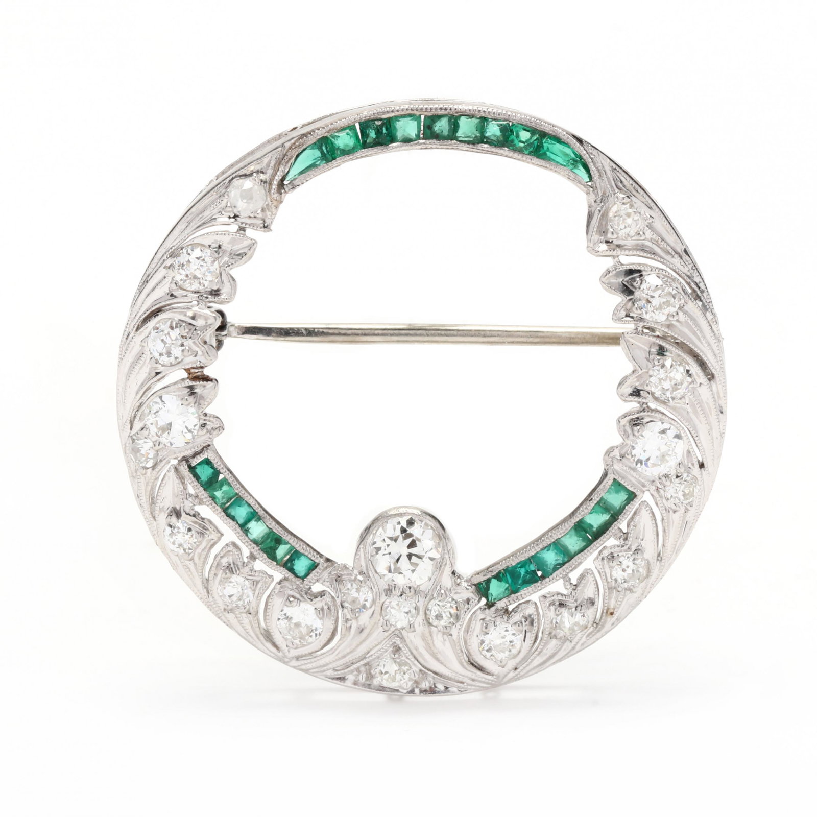 Art Deco Platinum, Diamond, and Emerald Circle Brooch (1 of 3)