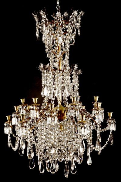 Fine Ormolu & Cut Glass Chandelier, 19th century: Fine Ormolu & Cut Glass Chandelier, 19th century likely Swedish, (18) lights emanate from a central ball at lower corona, the upper two coronas festooned with star form cut crystal elements, cut cryst