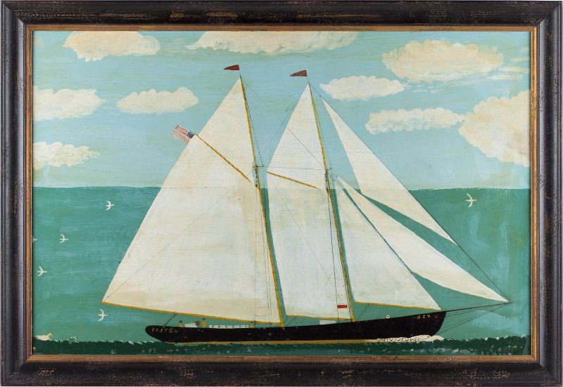 American Folk Art Painting of a Schooner: American Folk Art Painting of a Schooner oil on board, unsigned, 20th century, the bow bearing the name "REX" and "Boston" on the stern, housed in a later ebonized frame with gilt fillet. SS 22.75 x 3