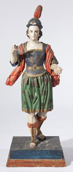 Archangel Michael Santo Statue: Archangel Michael Santo Statue polychrome carved wood and gesso, finely modeled statue of the Archangel Michael, glass eyes, feet set into a custom stepped hollow plinth, origin unknown but 19th centu