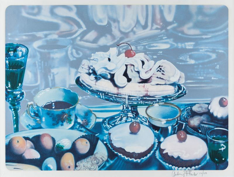 Audrey Flack (Am., b. 1931), "Banana Split": Audrey Flack (Am., b. 1931), "Banana Split" color screen print on paper, signed and numbered by the artist along lower right margin "Audrey Flack 22/150," matted and framed under glass. SS 19.5 x 22.5
