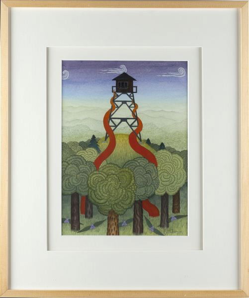 Robert Johnson (NC), "Fire Tower at Rich Mountain": Robert Johnson (NC), "Fire Tower at Rich Mountain" gouache on paper, signed at lower right "R. M. Johnson," inscribed by the artist with title and additional information on the verso, matted and frame