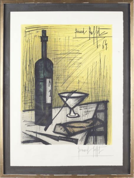 Bernard Buffet (French 1928-1999), Still Life: Bernard Buffet (French 1928-1999), Still Life with wine and bread on a table, lithograph 1964, pencil signed lower right., framed and matted under glass. DOA 33 x 25 in. SS 28 x 21 in. Private Collect