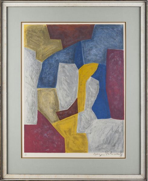 Serge Poliakoff (Russian, 1900-1969), Composition: Serge Poliakoff (Russian, 1900-1969), Composition abstract lithograph in red, yellow, blue and white, 177/200, pencil signed lower right "Serge Poliakoff." Vincent Price Collection label and artist in