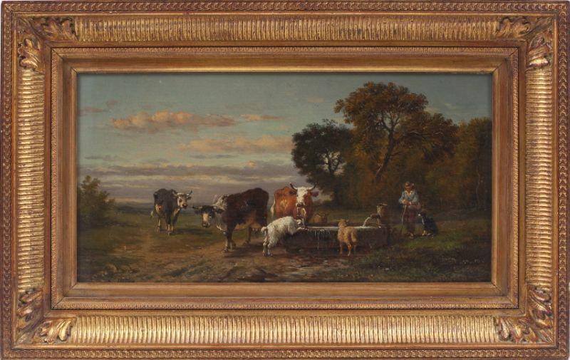 Continental School, A Busy Trough on a Hot Day: Continental School, A Busy Trough on a Hot Day oil on board, signed "N. Peroine" lower left. Presented in a gilt composition frame. SS 8 x 15.5 in.; DOA 13.5 x 21 in. Private Estate Collection, Lille,