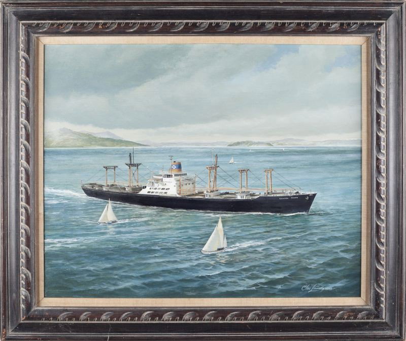 Charles Lundgren (1911-1988), USS Samuel Chase: Charles Lundgren (1911-1988), USS Samuel Chase oil on board, signed at lower right "Chas Lundgren," housed in the original painted frame with linen filet. SS 23.5 x 29.5 in.; DOA 32.25 x 38 in. Charle