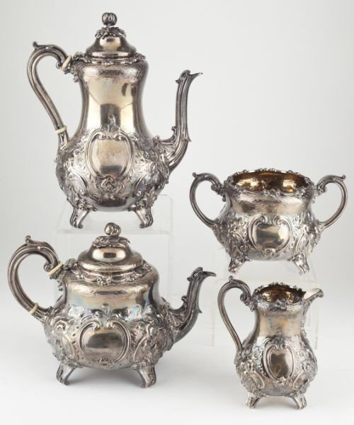 Victorian Sterling Silver Tea & Coffee Service: Victorian Sterling Silver Tea & Coffee Service all four pieces marked with London (1855) hallmarks and "W.M" sponsor's mark (att. William Moulson), each also with retailer's mark "Lambert & Rawlings" 