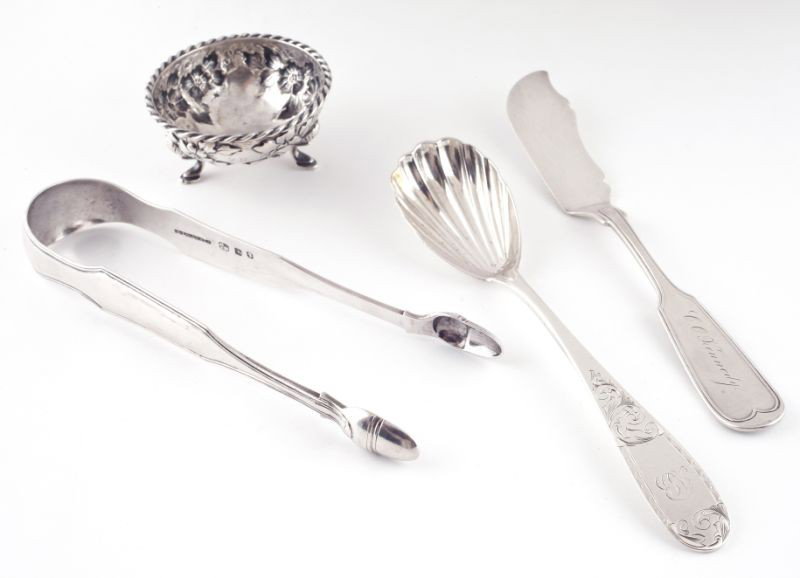 Four Coin Silver Articles, Baltimore, 19th century: Four Coin Silver Articles, Baltimore, 19th century the first a repousse salt bowl raised on three hoof feet with a partially rubbed mark for "F. A. Greshoff" (Francis A. Greshoff immigrated to Baltimo