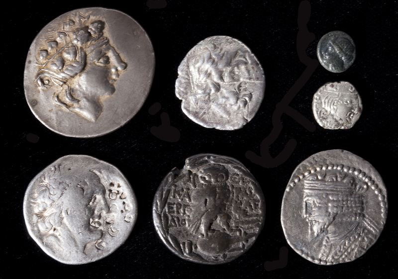Seven Ancient Greek Coins: Seven Ancient Greek Coins as follows: Attica, Athens, "New Style" AR tetradrachm, 186 - 86 B.C., helmeted head of Athens, r. / Owl on amphora, prow to r., SNG Cop 261, toned, small chip, fine; Thessal