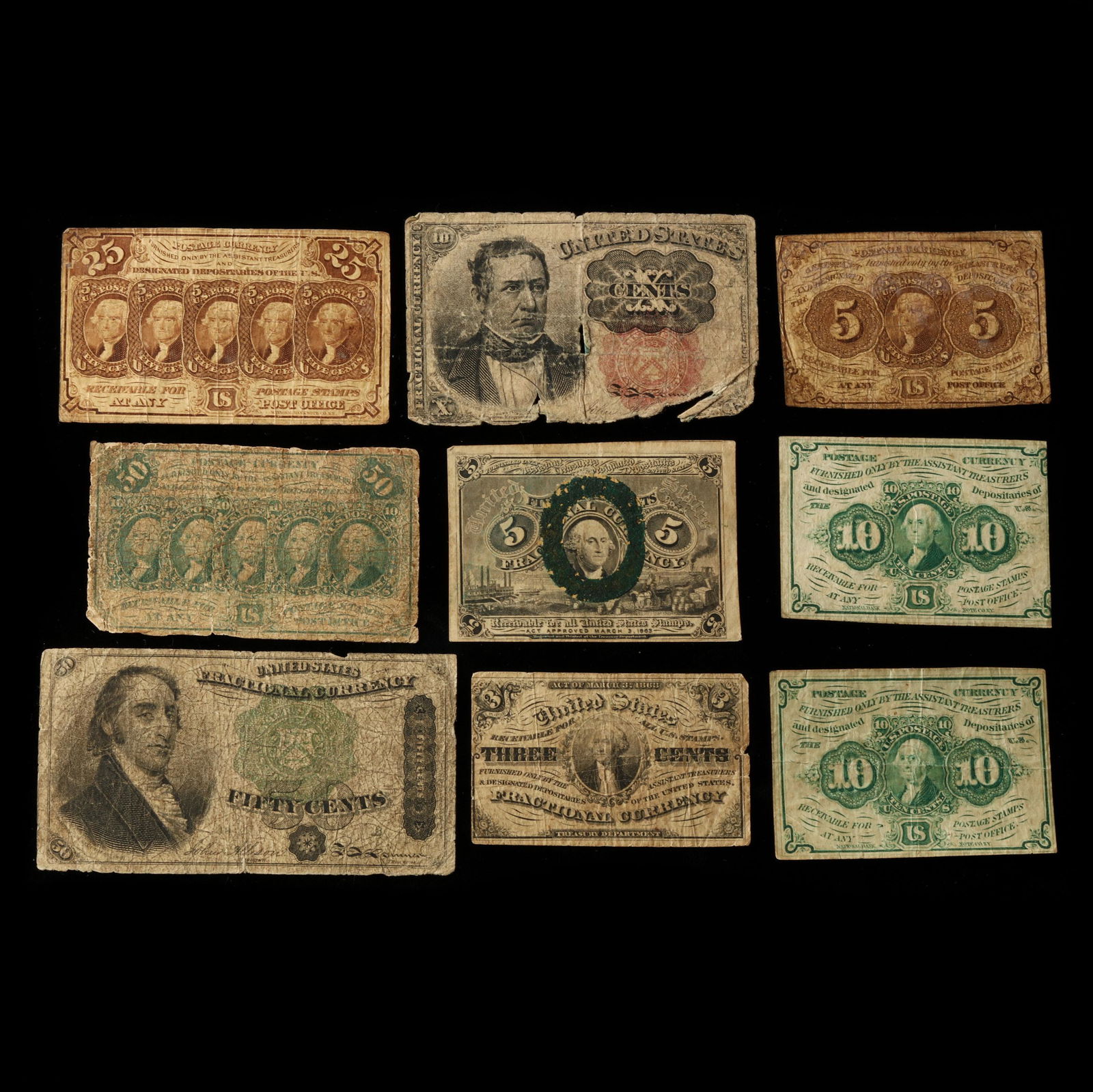 Nine Examples of 19th Century United States Fractional Currency (1 of 2)