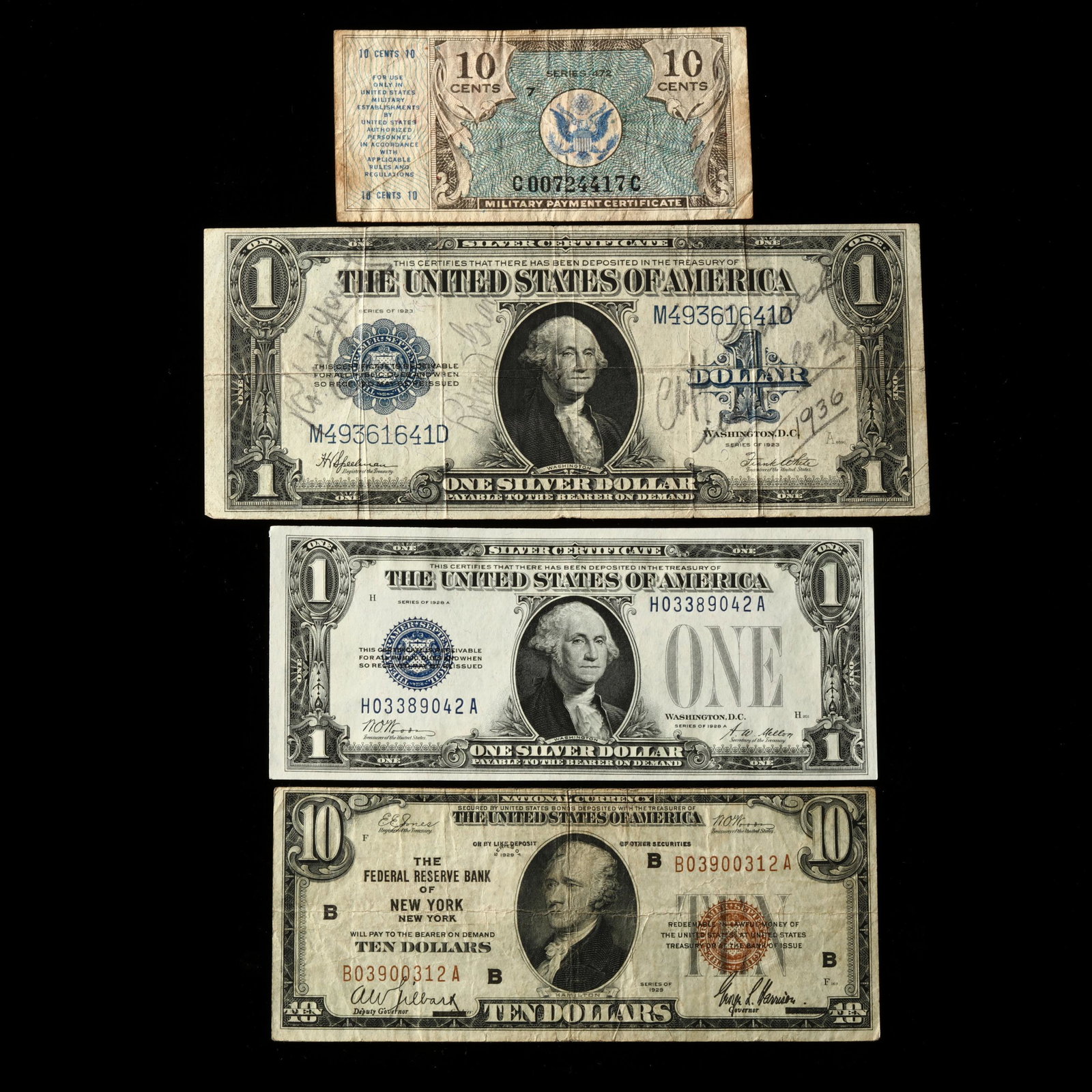 Three Examples Of 1920s American Currency And A Military Payment ...