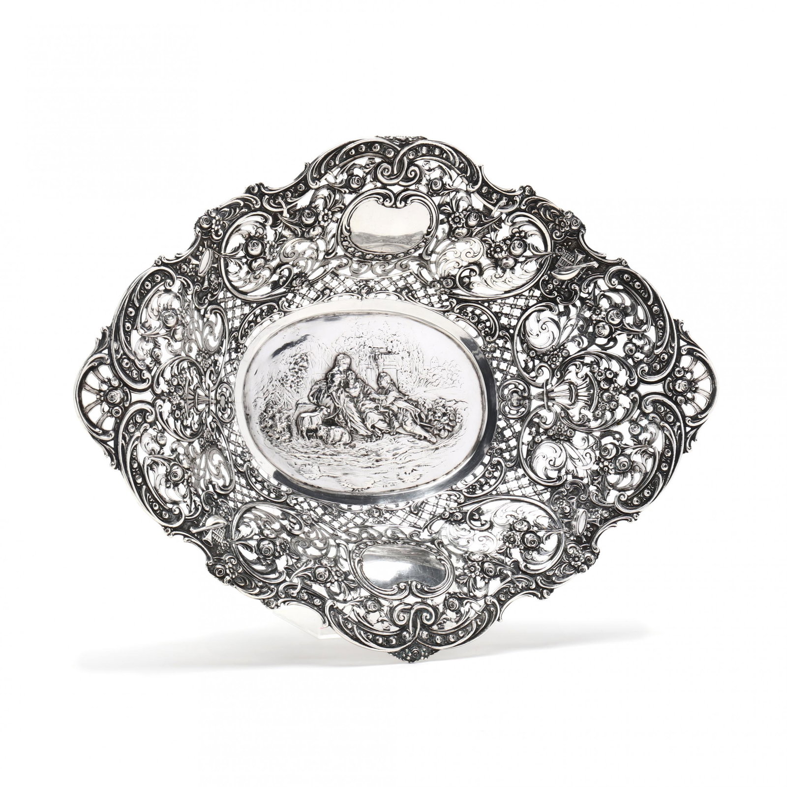 Large German .800 Silver Reticulated Oval Basket with Courting Scene (1 of 9)