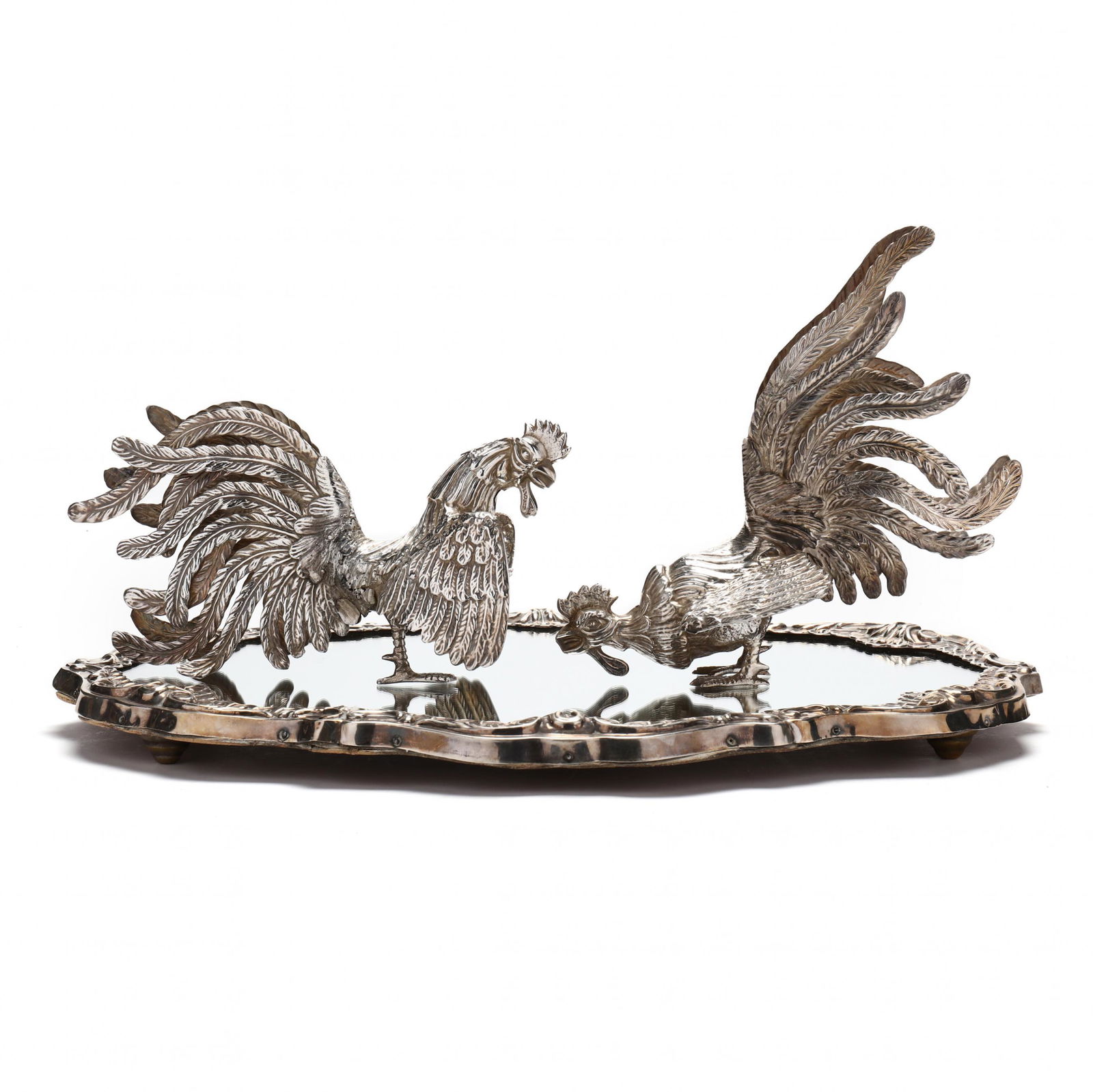 A Pair of Sterling Silver Fighting Cocks with Mirrored Plateau (1 of 14)