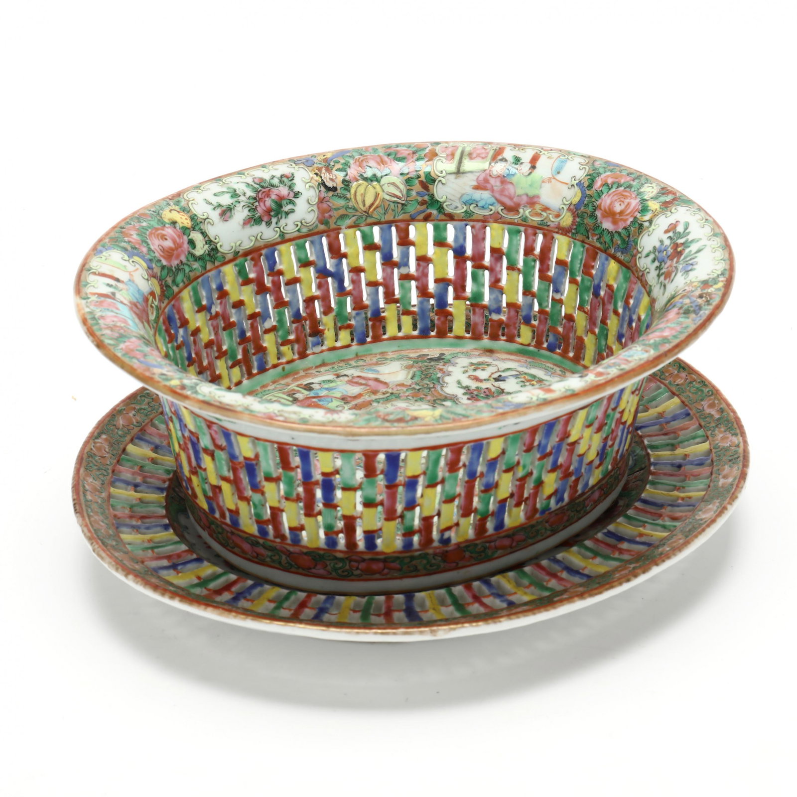 A Chinese Export Porcelain Rose Medallion Chestnut Basket and Underplate (1 of 7)