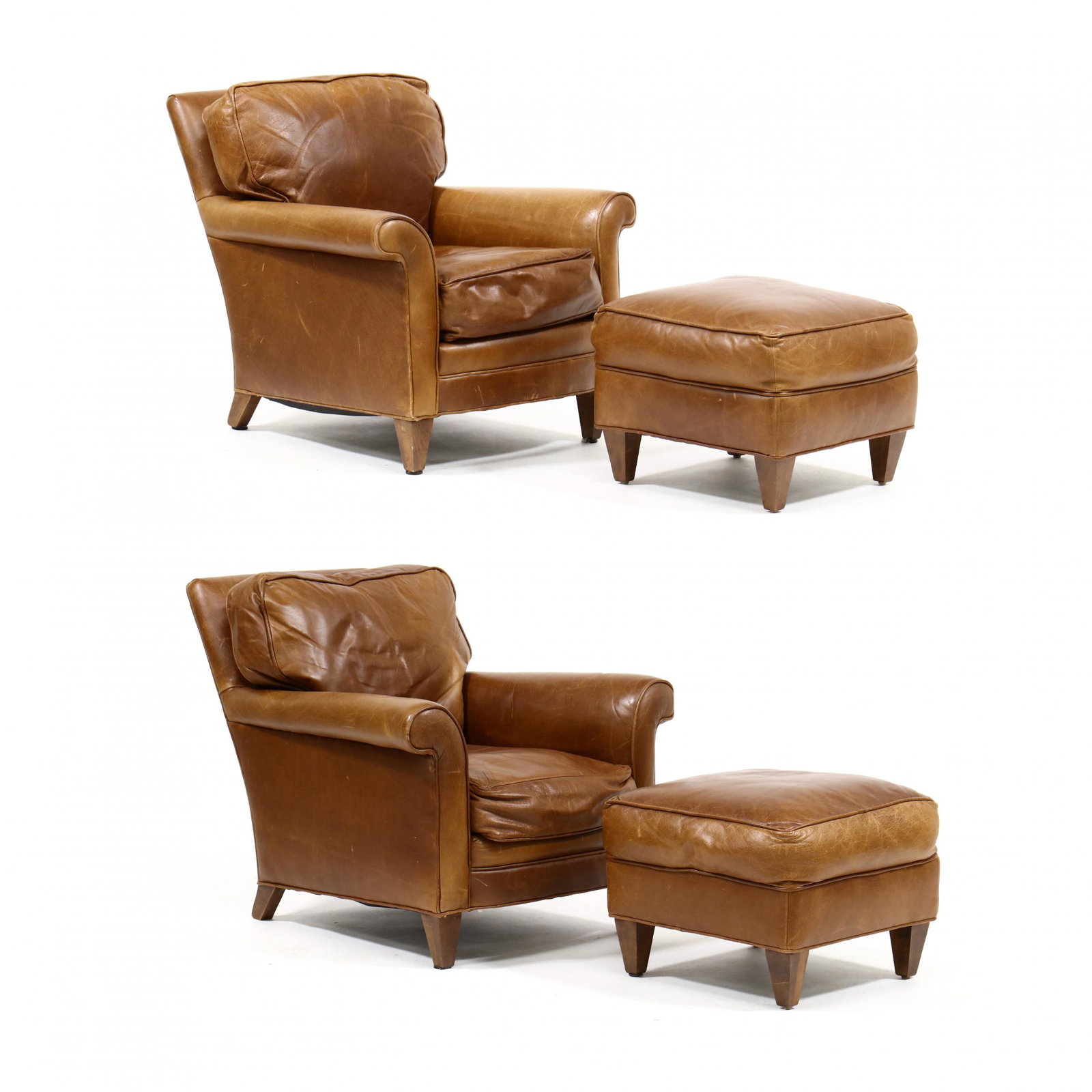 Pair of Contemporary Leather Club Chairs and Ottomans (1 of 12)