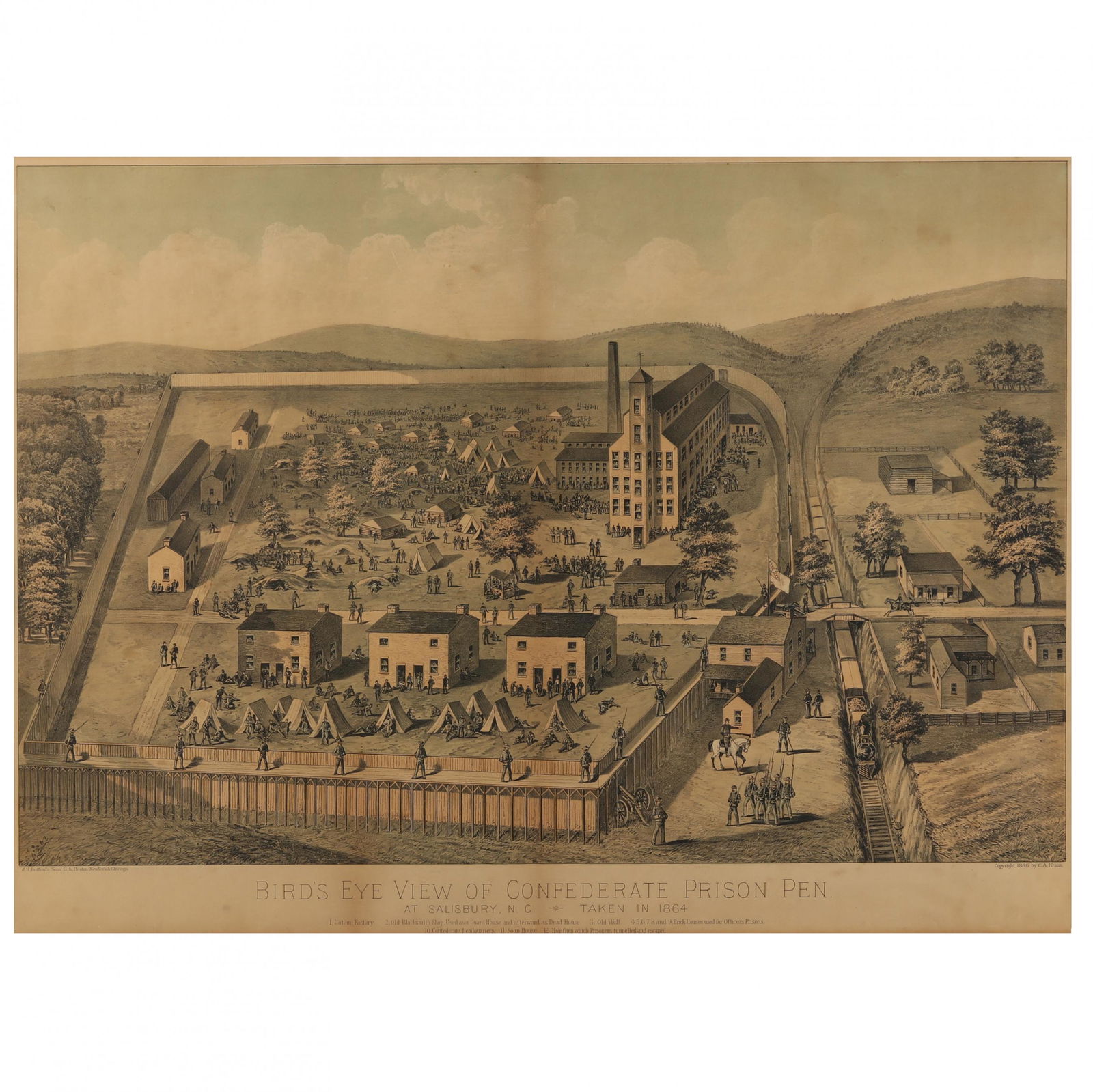 J.H. Bufford's Sons,  Bird's Eye View of Confederate Prison Pen: At Salisbury, NC / Taken in 1864 (1 of 7)