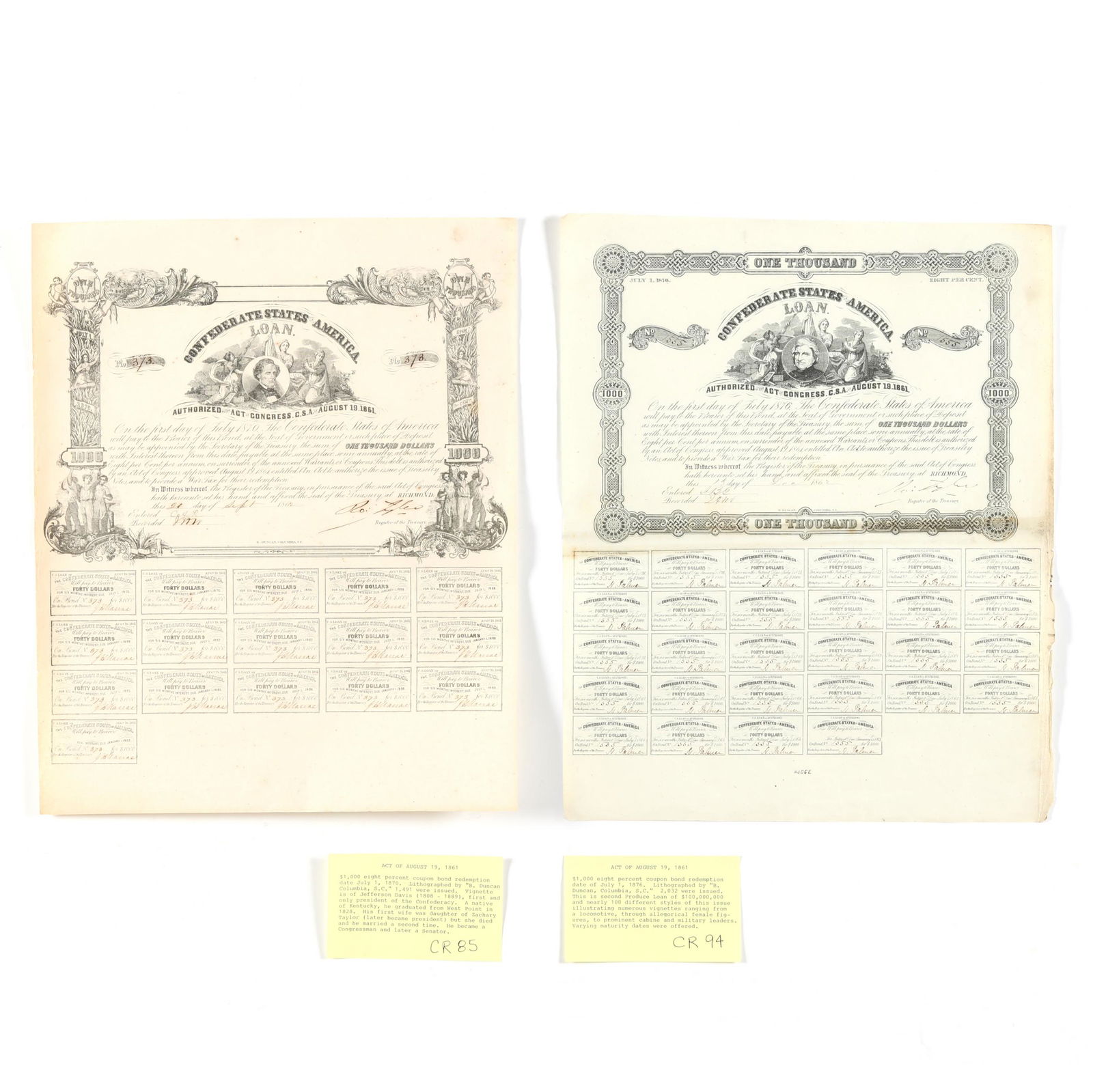 Two Uncut Confederate $1000 Bonds, Act of August 19, 1861 (1 of 4)
