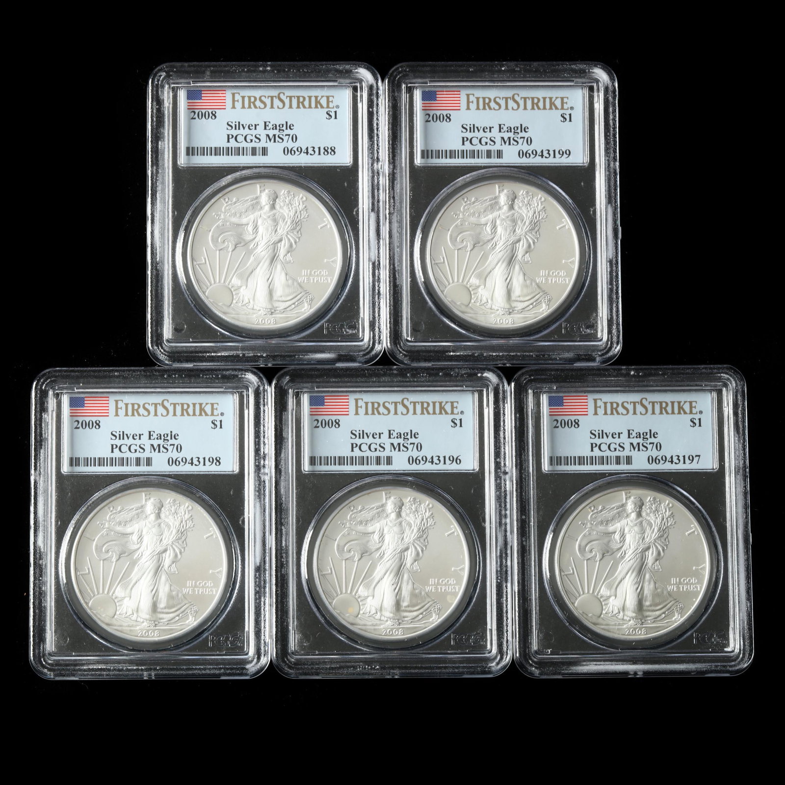Five (5) 2008 Silver $1 Eagles, First Strike, PCGS MS70 (1 of 2)