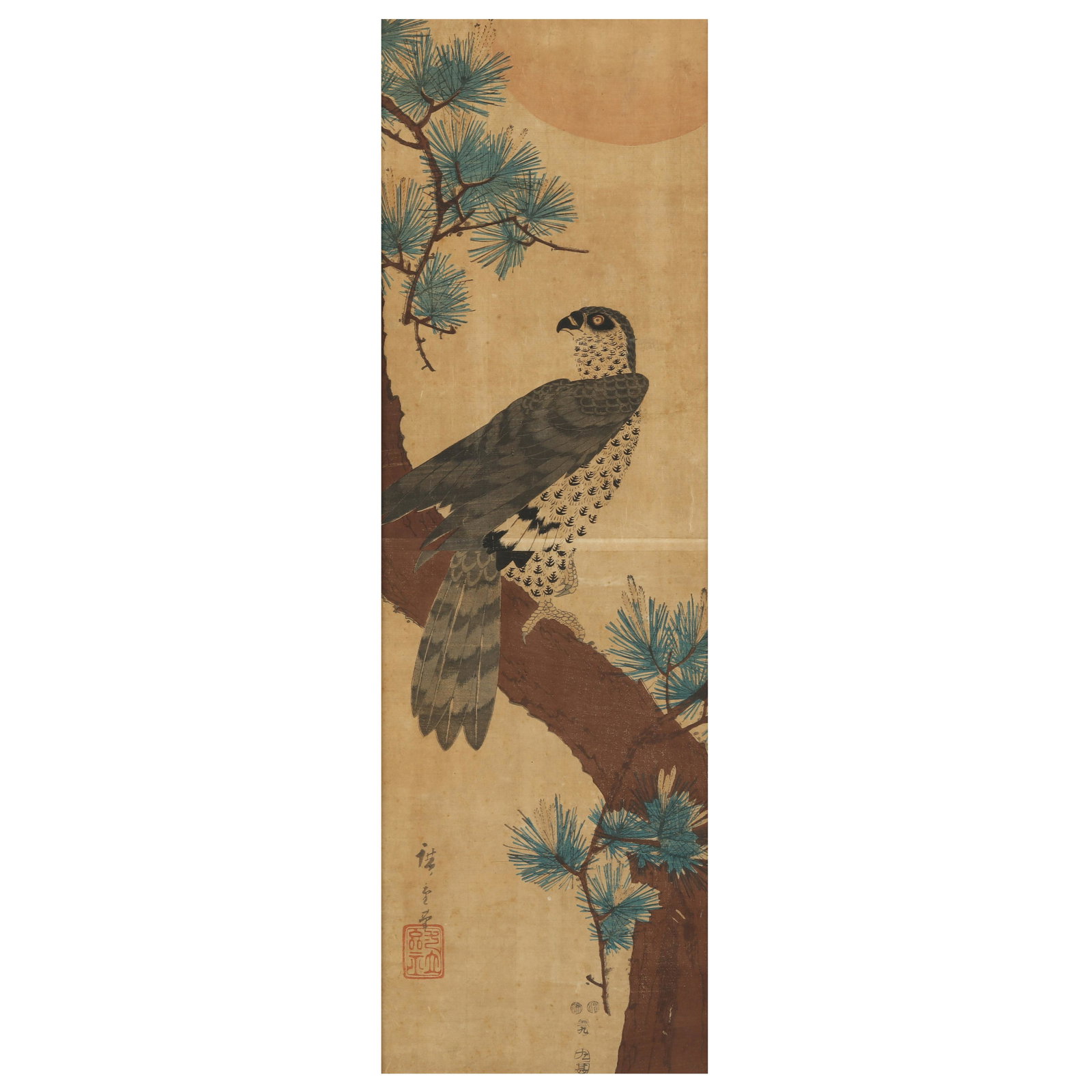 Utagawa Hiroshige (Japanese, 1797-1858),  Falcon, Pine and Sun (1 of 5)