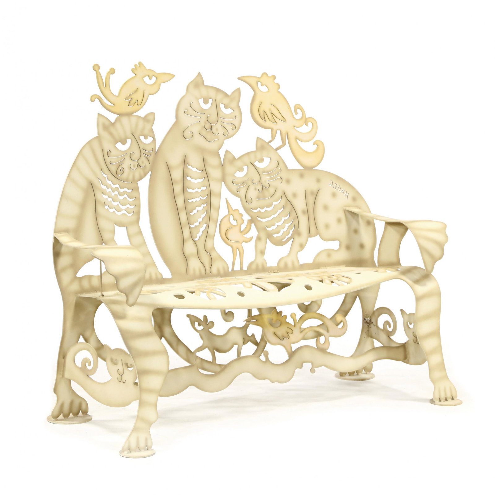 Don Drumm, (OH/NC, b. 1935), Cat Bench: Don Drumm, (OH/NC, b. 1935), Cat BenchCricket Forge, contemporary, zinc galvanized heavy gauge steel in two-tone tan high quality marine grade epoxy paint, cut-out signature to upper right side, whims