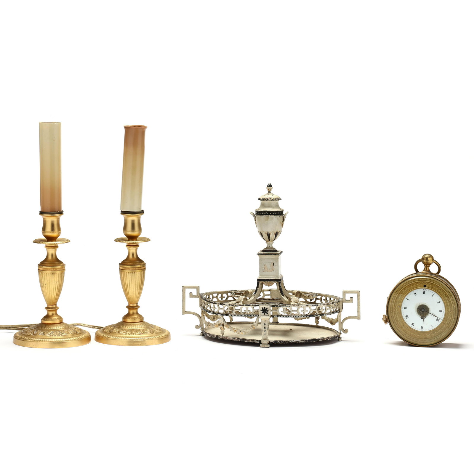 A Grouping of NeoClassical Style Table Accessories: A Grouping of NeoClassical Style Table Accessories 20th century, including a Elgin 8 days ormolu desk clock, circa 1925 pocket watch form, works marked with serial number 27600849 (5 1/4 x 4 1/2 x 1 3