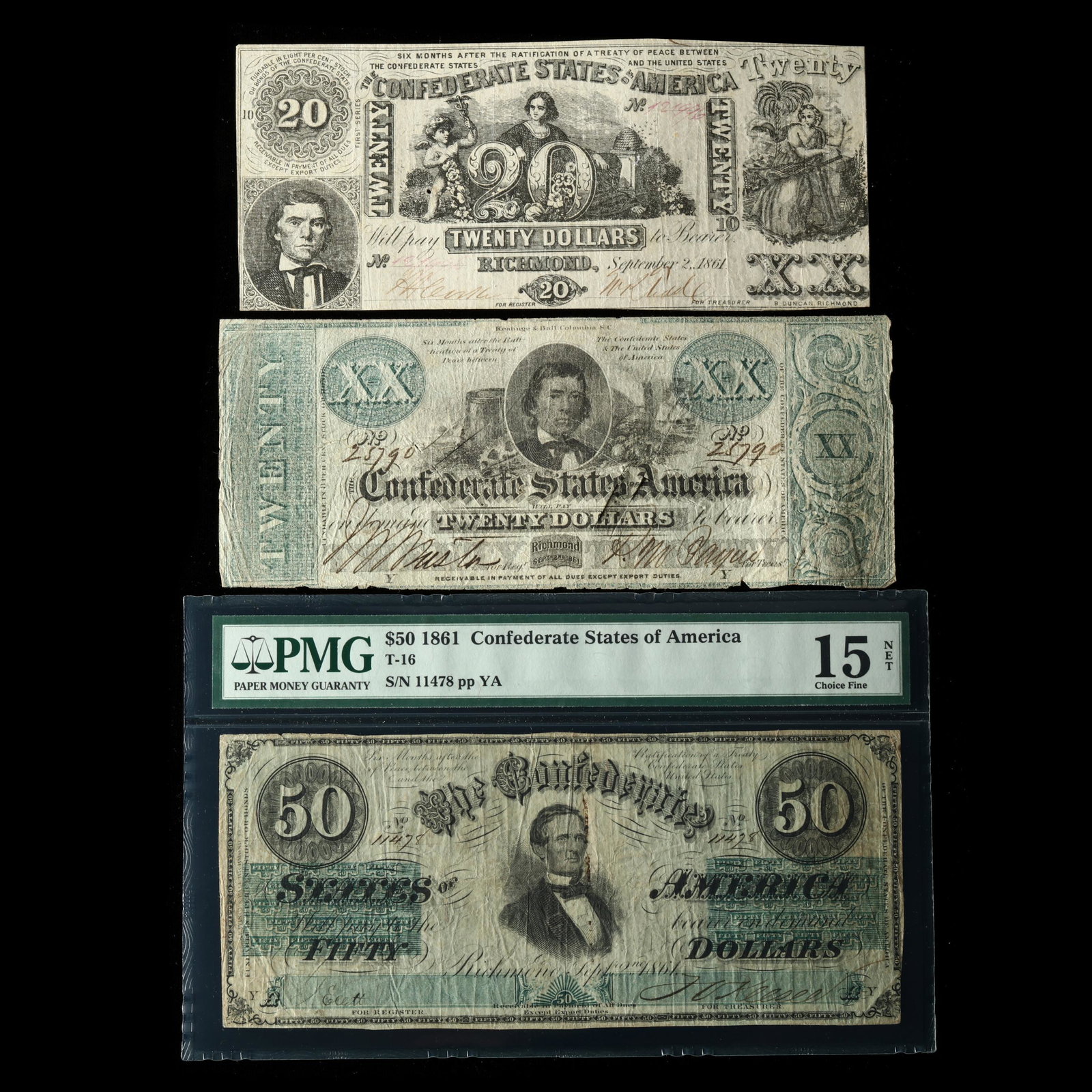 Three Early Confederate Notes With Portraits of Either Davis or Stephens (1 of 2)