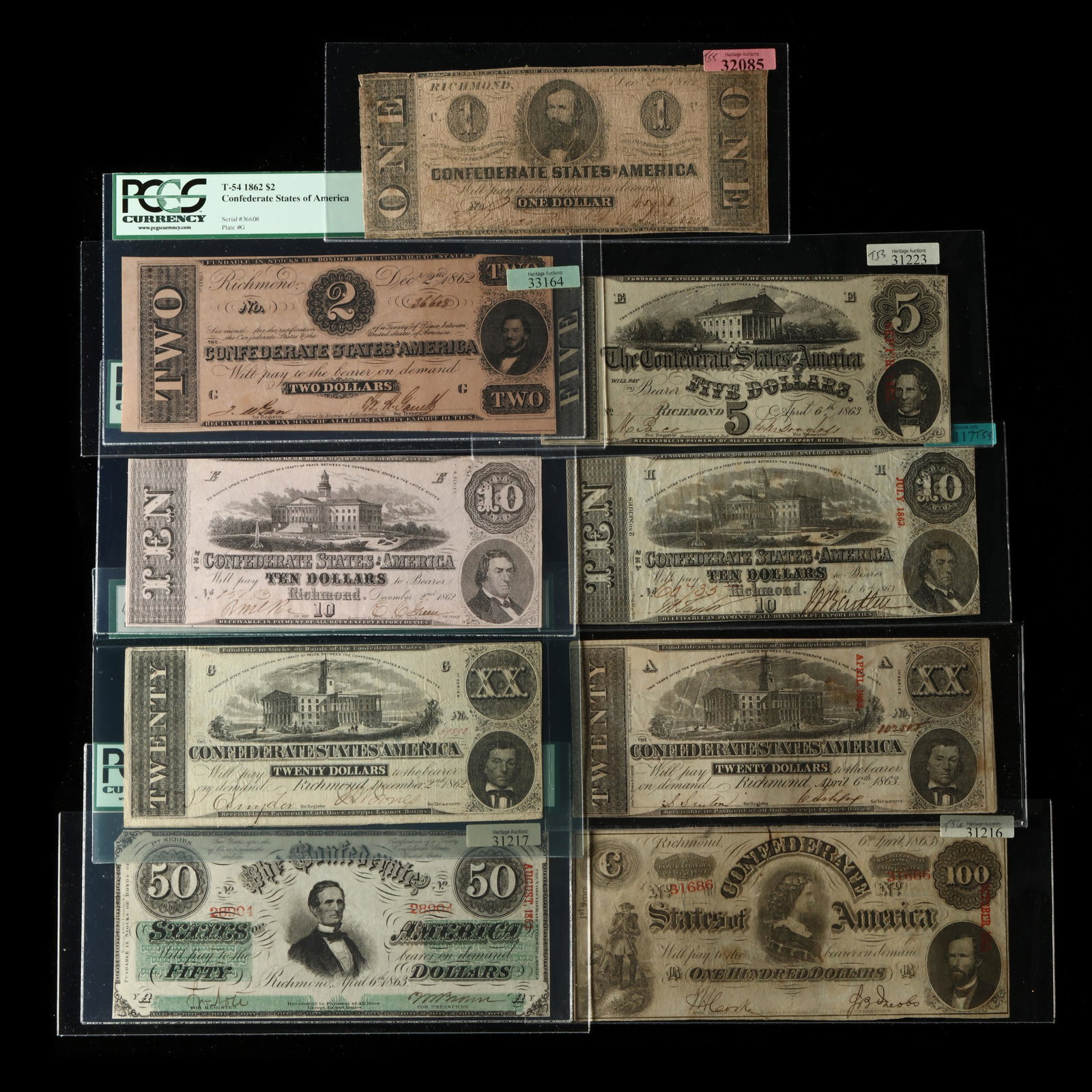 Run of Nine Confederate Notes by Tice Catalogue Numbers (1 of 2)