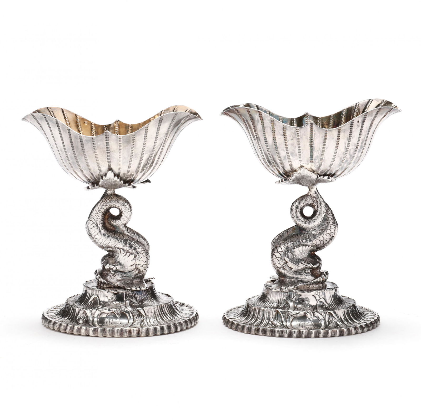 A Rare Pair of Coin Silver Rococo Revival Figural Pedestal Salts (1 of 8)