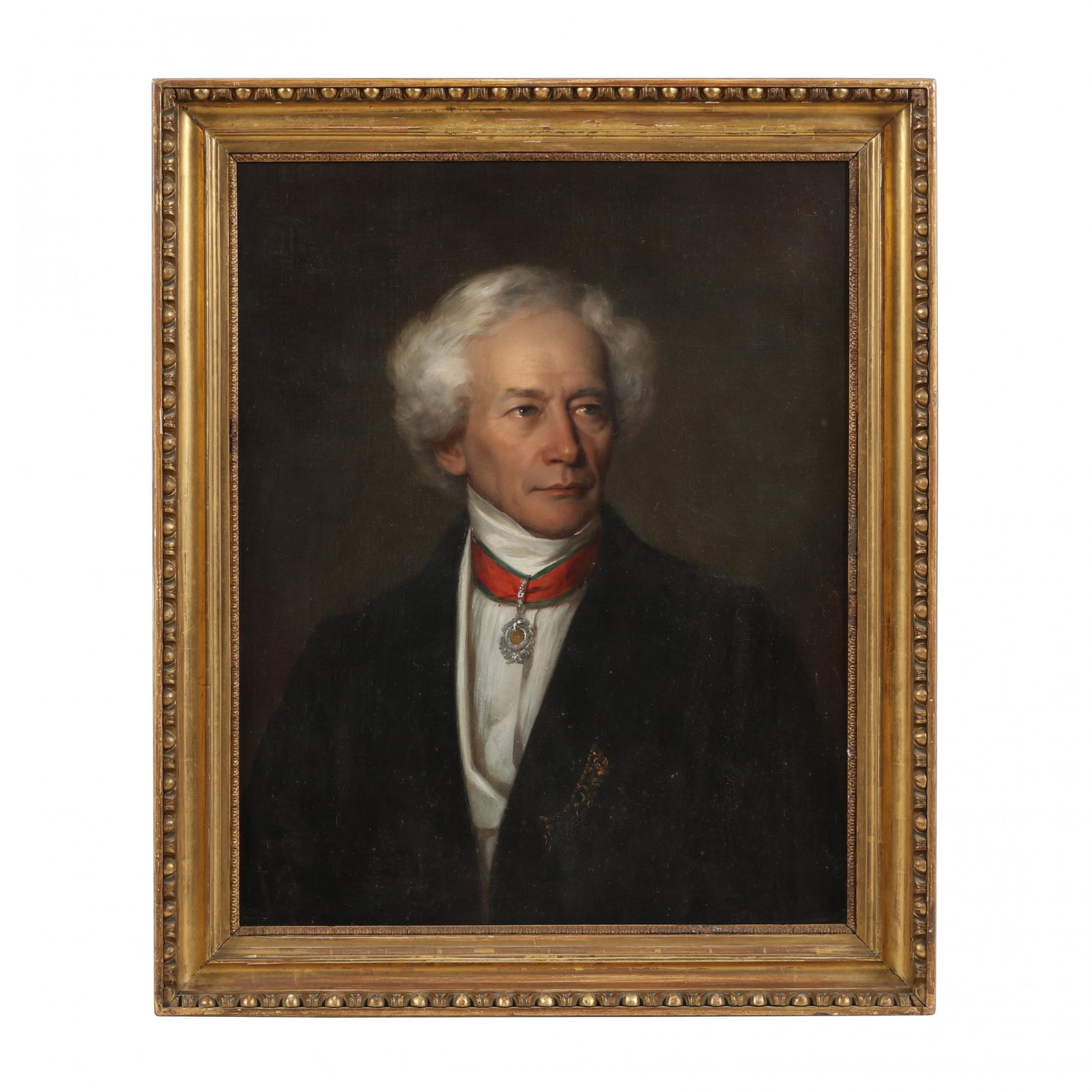 Continental School (19th century), Portrait of a Nobleman: Continental School (19th century), Portrait of a Nobleman oil on canvas (lined), unsigned, quarter length portrait of a distinguished white haired man wearing an Imperial order on a red ribbon around 