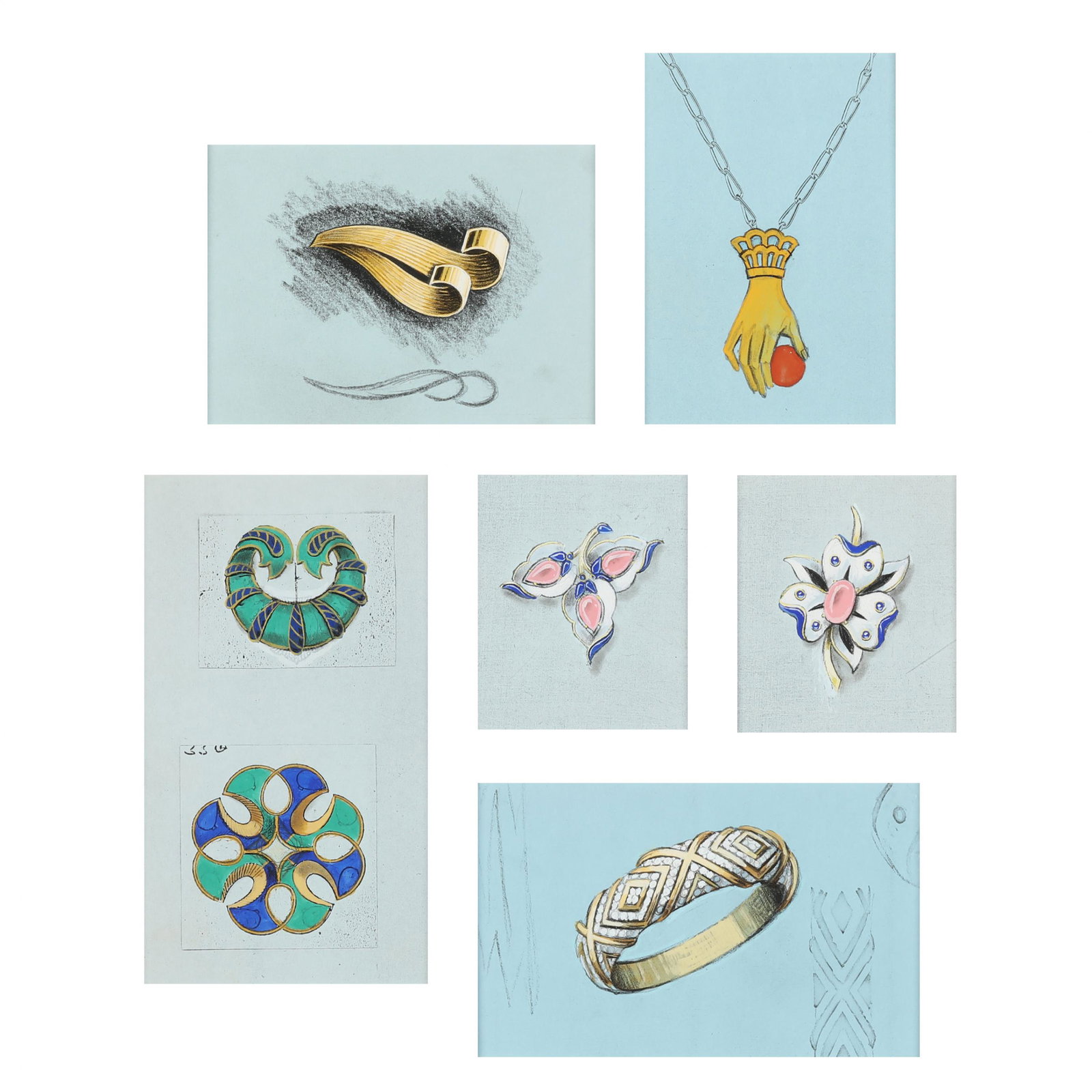 Collection of Five Original Costume Jewelry Illustrations by Trifari (1 of 11)