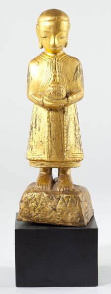 Burmese Gilt Wooden Monk Holding Alms Bowl