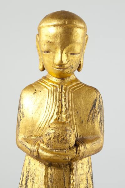 Burmese Gilt Wooden Monk Holding Alms Bowl - 2