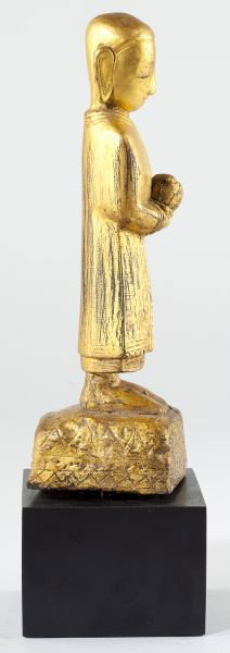 Burmese Gilt Wooden Monk Holding Alms Bowl - 3