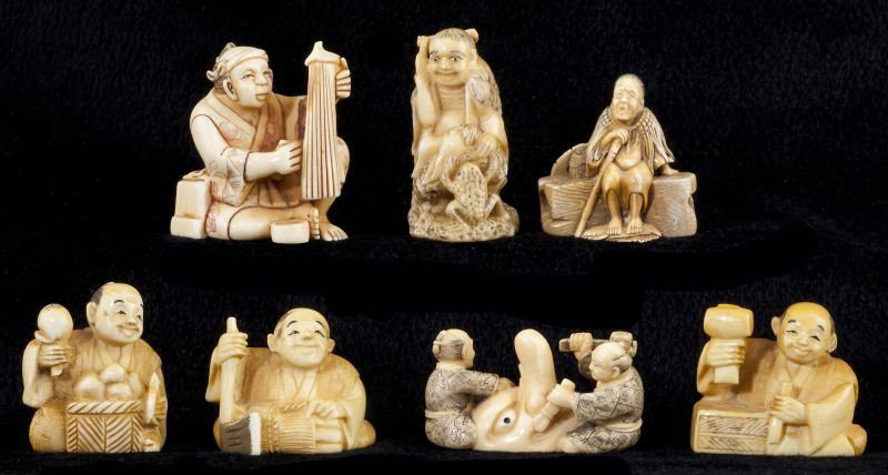 Group of Seven Japanese Ivory and Bone Netsuke