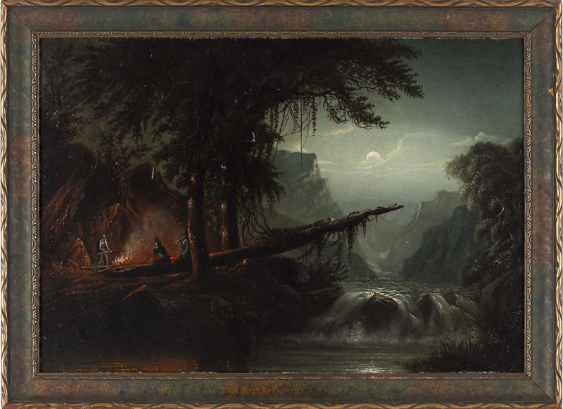 John Wesley Whitfield (19th c.), Encampment: John Wesley Whitfield (19th c.), Encampmentoil on board, nocturne landscape with figures gathered around a campfire, presented in a later frame. SS 13.5 x 19.25 in.; DOA 16.25 x 22.25 in. Weatherspoon