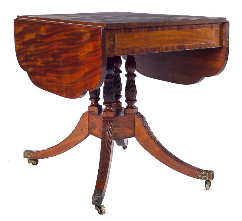 New York Federal Drop Leaf Parlor Table: New York Federal Drop Leaf Parlor Tablecirca 1810-30, attributed to Duncan Phyfe School, mahogany, mahogany veneers, white pine and chestnut secondary, the shaped drop leaves utilize double butterfly