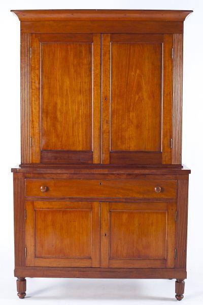American Federal Linen Press: American Federal Linen Press early 19th century, two part form, cherry with poplar secondary, the upper section having two inset paneled doors flanked by reeded stiles and surmounted by applied cove-m