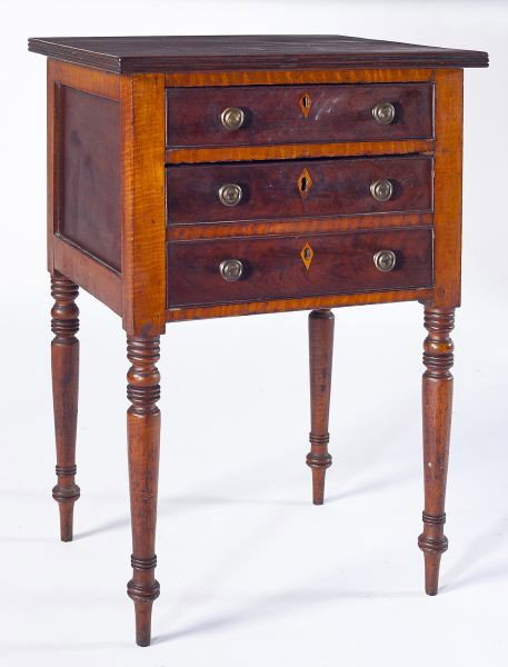 New England Sheraton Work Stand, circa 1820: New England Sheraton Work Stand, circa 1820 mahogany with mahogany and tiger maple veneers, white pine secondary, one board top with reeded edge, two drawers with cockbeading and inlaid escutcheons, t