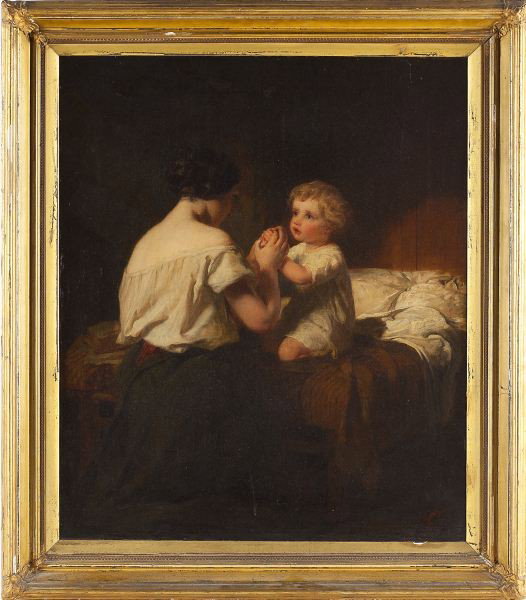 Continental School Mother and Child at Prayer: Continental School Mother and Child at Prayer 19th century, oil on canvas, excellent use of chiaroscuro, housed in early gilt gesso frame which retains old London/Paris importers label on stretcher, m
