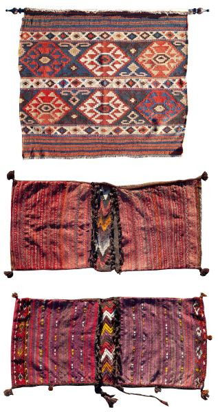 Antique Kilim Rug and Two Camel Bags: Antique Kilim Rug and Two Camel Bagslikely Turkish or Armenian, wool with colorful geometric design, the rug ( 48 x 49 in.) is mounted to a wooden pole for hanging, the camel bags have two storage poc