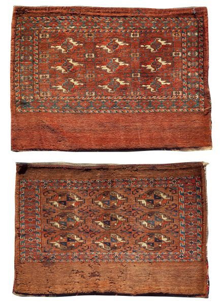 Two Semi-Antique Tekke Storage Bags: Two Semi-Antique Tekke Storage Bags finely knotted and designed with repeating rows in a geometric pattern. Acquired in 1918 by consignor's uncle and by direct descent.