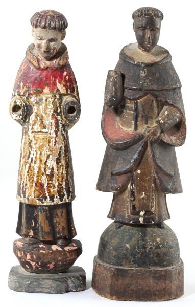 Two Spanish Colonial Santos Figures: Two Spanish Colonial Santos Figures 18th - 19th century, carved wood with polychrome and gesso decoration. 12.5 in. Collection of Dr. Robert Scripko, Raleigh, North Carolina