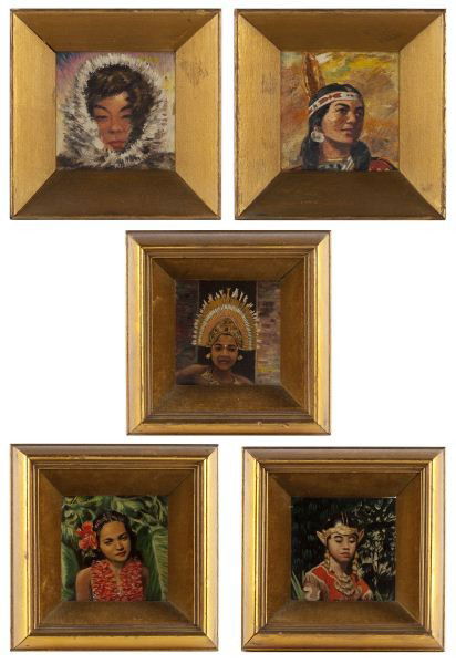 Robert Doares (NC, 1911-2005), Portrait Miniatures: Robert Doares (NC, 1911-2005), Portrait Miniaturesa collection of five portrait miniatures, each oil on card, signed "Doares," and depicting a woman in traditional ethnographic dress - Polynesian, Inu