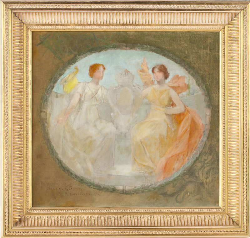Francis Coates Jones (MD, 1857-1932), Study: Francis Coates Jones (MD, 1857-1932), Studyoil on canvas (lined), a study for a larger work featuring two classical maidens flanking a memorial cartouche, inscribed at the lower left "To My Friend / S
