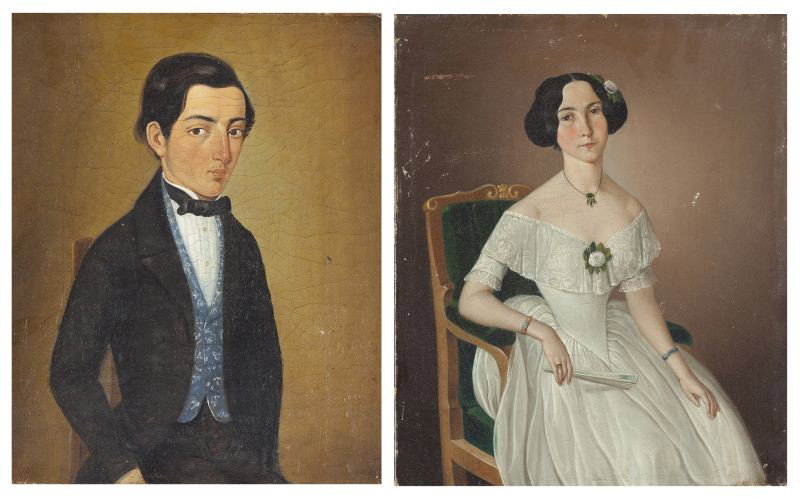 Friedrich Keil (German, 1813-1875), Two Portraits: Friedrich Keil (German, 1813-1875), Two Portraits both oil on canvas, a three-quarter length portrait of a seated woman in white, signed at lower right "Keil 1850;" the second portrait of a gentleman 