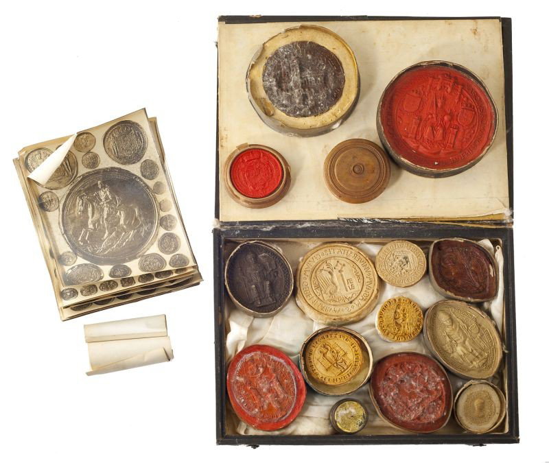 Old Collection of Medieval Seals and Impressions: Old Collection of Medieval Seals and Impressionsto include (4) plaster copies of seals and (10) plaster impressions coated to imitate various shades of seal wax. This labeled collection, once owned by