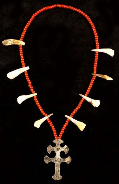 Hudson's Bay Company Trade Cross with Necklace: Hudson's Bay Company Trade Cross with Necklaceunsigned, circa 1830s, plated brass, double bar form, stamped HB on either side of a central HBC mark, suspended from a string of likely Italian white hea