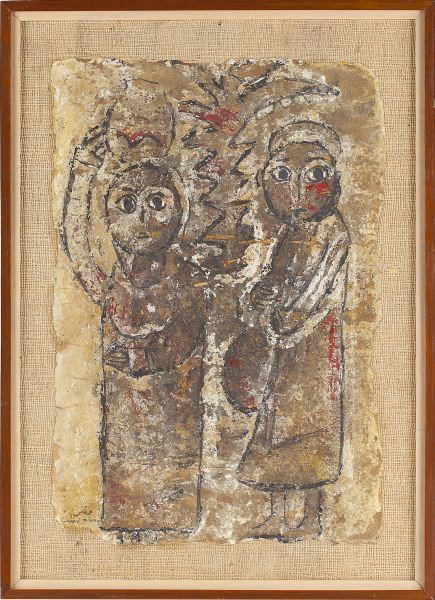 Gamal Mahmoud (Indian, b. 1924), Untitled: Gamal Mahmoud (Indian, b. 1924), Untitled oil on paper laid on board, two figures carrying pots, signed lower left and en verso, housed in modern wood frame. SS: 19 x 13 in., 24 x 17 in.j